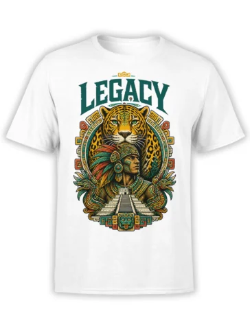 White Legacy jaguar T-shirt with a warrior, temple, feathered serpents, and colorful ancient-inspired artwork