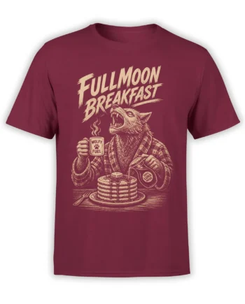 Full Moon Breakfast wolf graphic on a burgundy T-shirt with pancakes and a steaming mug