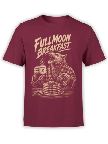 Full Moon Breakfast wolf graphic on a burgundy T-shirt with pancakes and a steaming mug