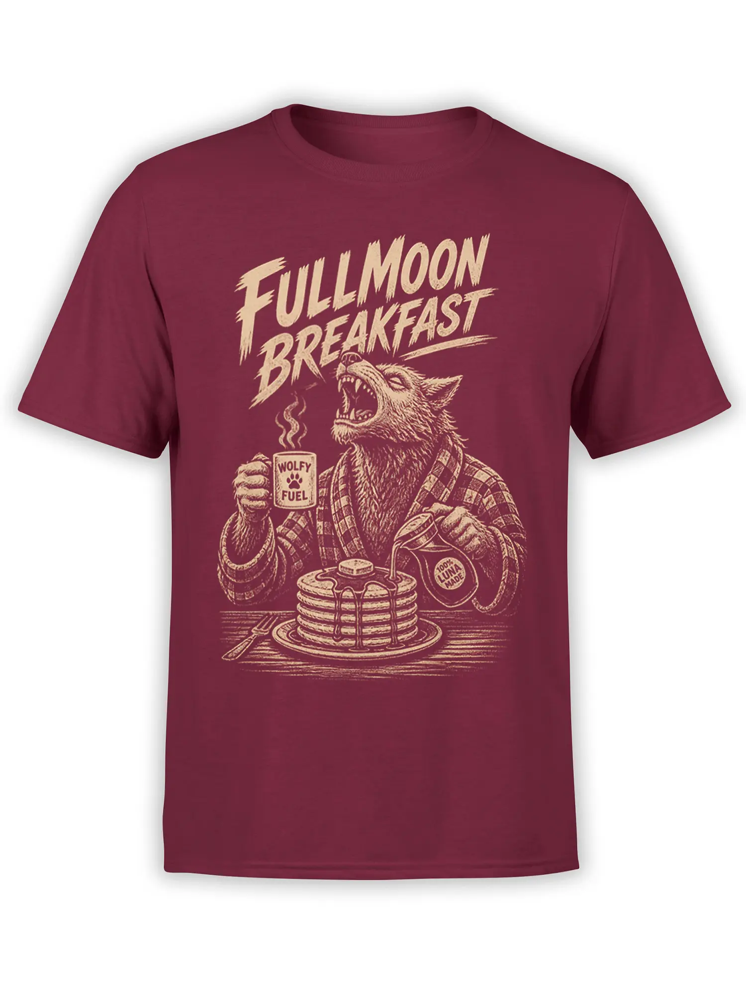 Full Moon Breakfast wolf graphic on a burgundy T-shirt with pancakes and a steaming mug