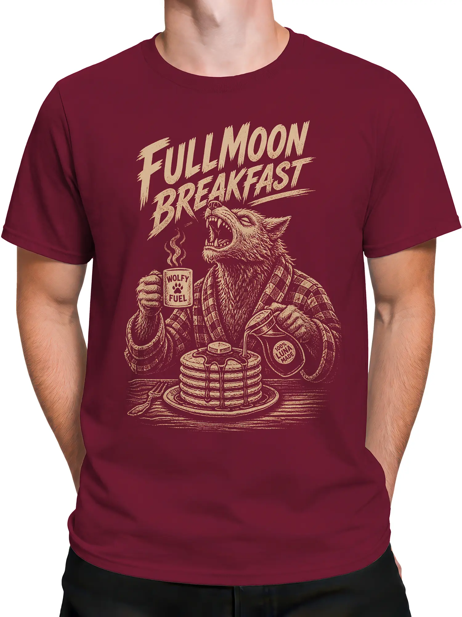 Male torso wearing a burgundy howling wolf T-shirt with pancakes and vintage breakfast lettering