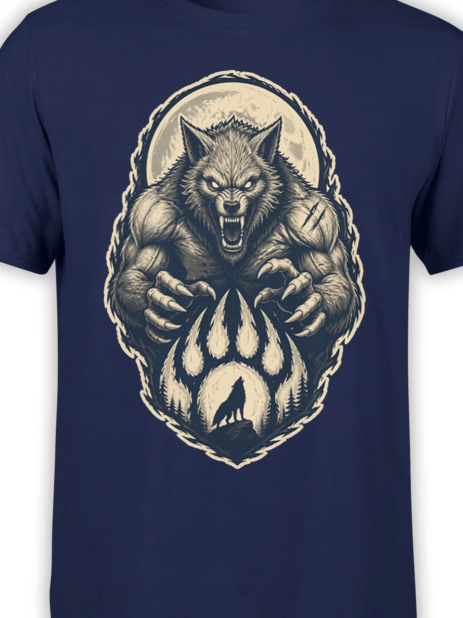 Close-up of snarling wolf artwork with claws and moon on a navy T-shirt