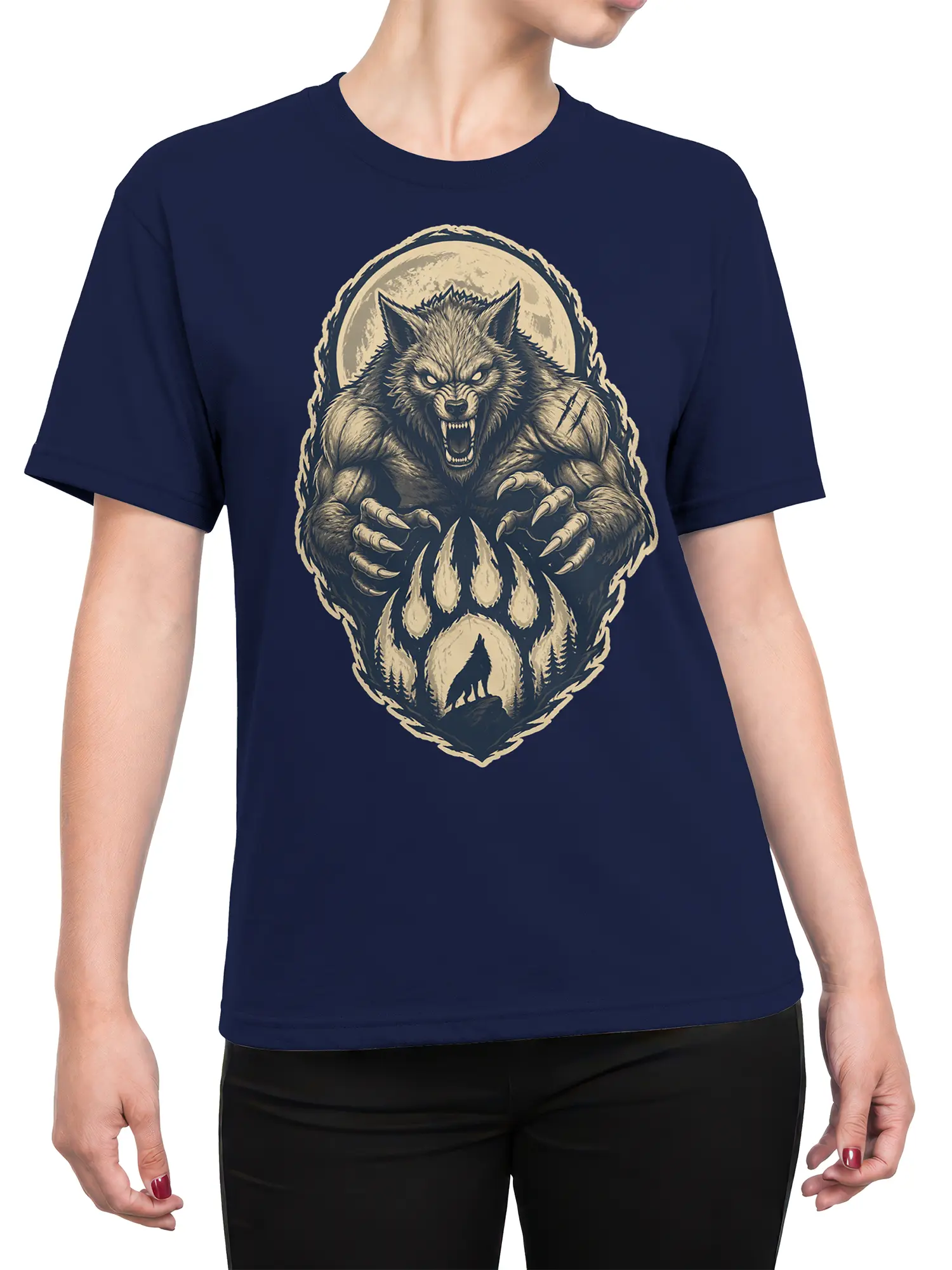 Female torso wearing a navy T-shirt with a snarling moonlit wolf design