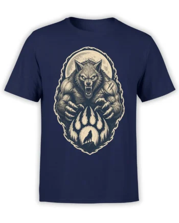 Snarling wolf with sharp claws and a full moon on a navy wolf T-shirt