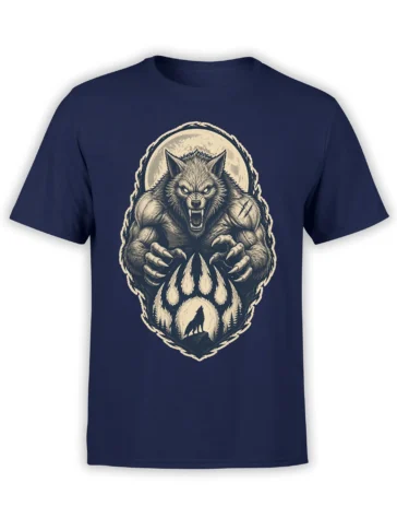 Snarling wolf with sharp claws and a full moon on a navy wolf T-shirt