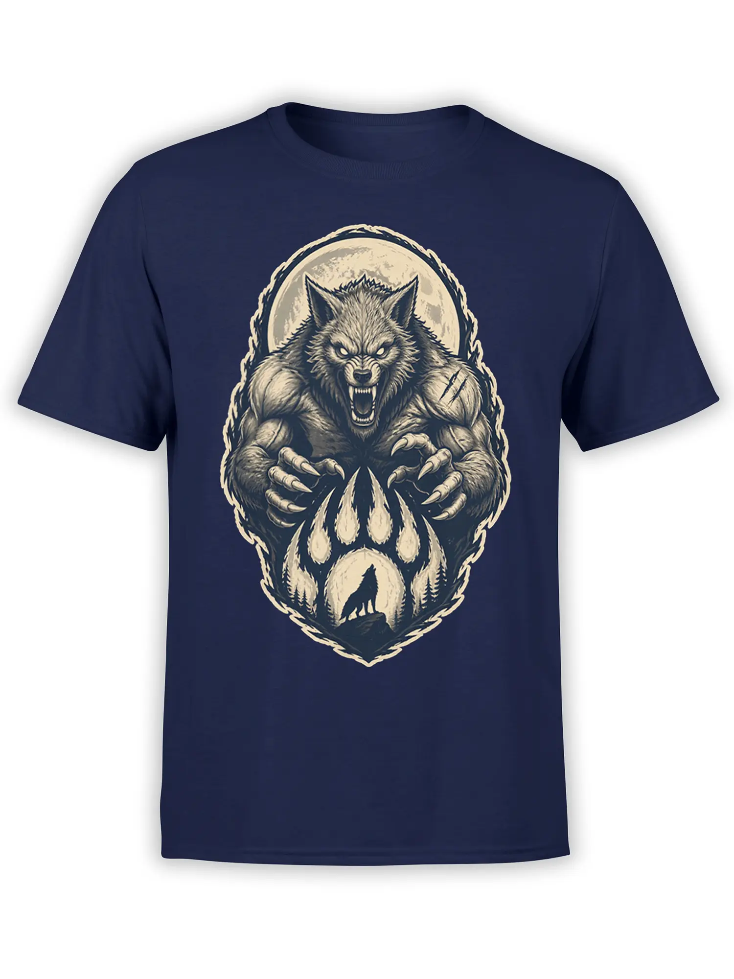 Snarling wolf with sharp claws and a full moon on a navy wolf T-shirt