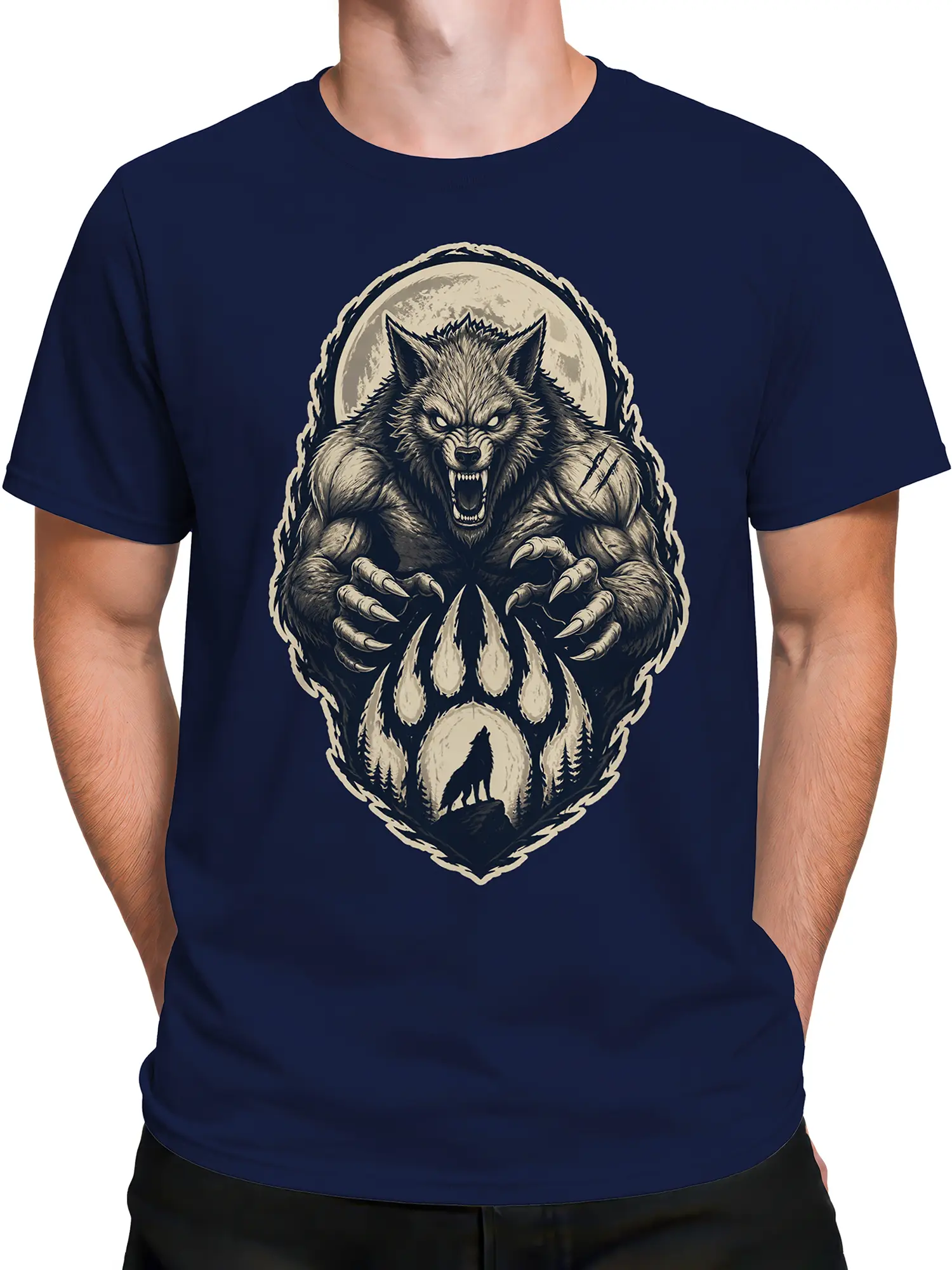 Male torso wearing a navy T-shirt with bold moonlit wolf artwork
