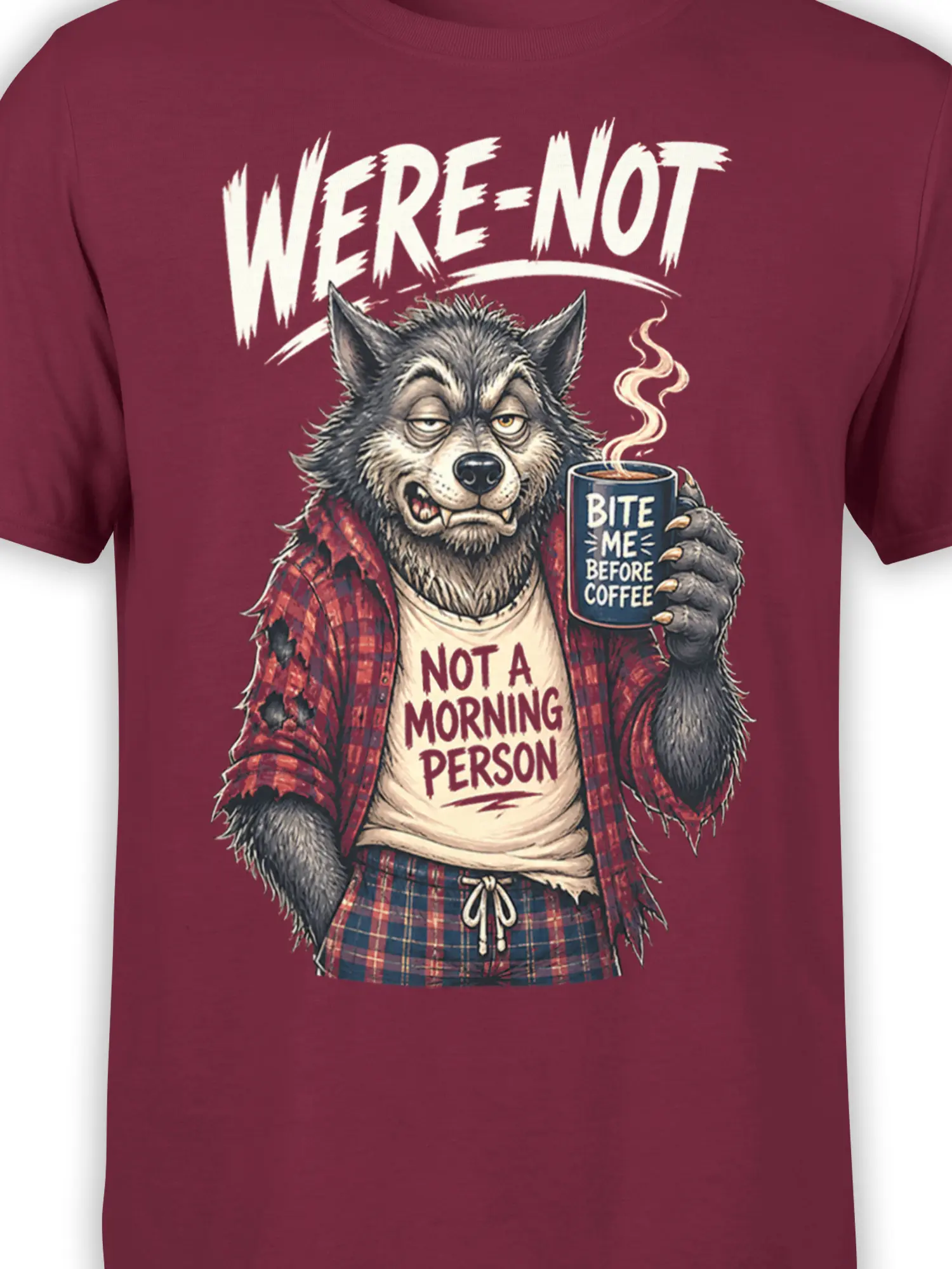 Close-up of gray wolf and steaming coffee mug on burgundy morning humor T-shirt