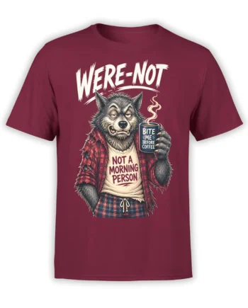Grumpy gray wolf coffee T-shirt in burgundy with “Bite Me Before Coffee” design