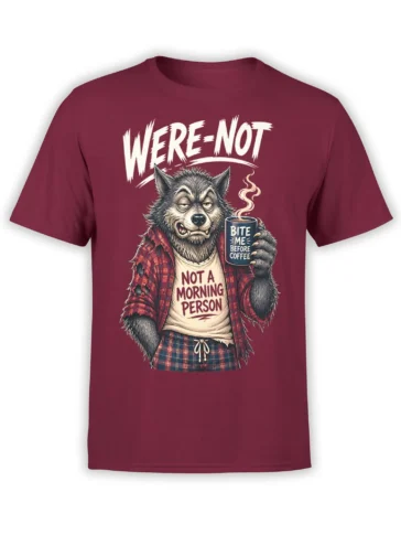 Grumpy gray wolf coffee T-shirt in burgundy with “Bite Me Before Coffee” design