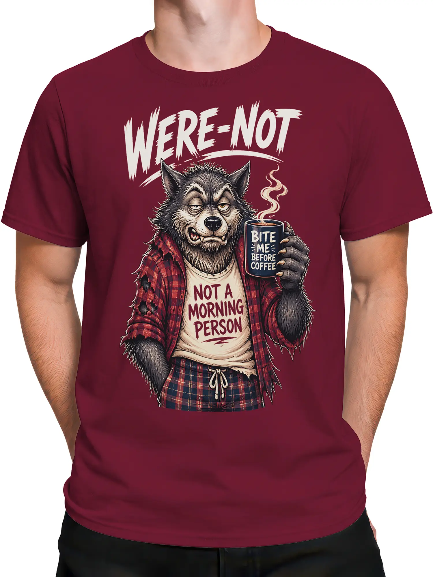 Male torso wearing burgundy wolf coffee T-shirt with plaid wolf artwork