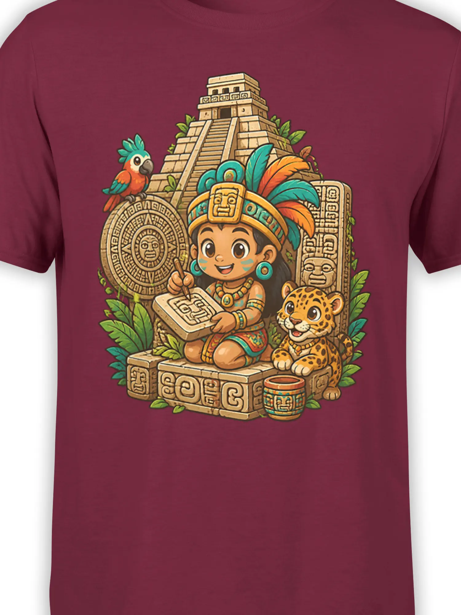 Close-up of the jungle scribe, feathered headdress, jaguar, temple, and carved glyphs on a burgundy shirt