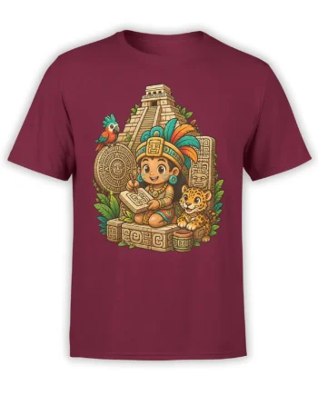 Jungle temple fantasy design with a young scribe, jaguar, parrot, and carved glyphs on a burgundy T-shirt