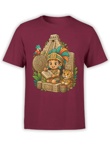 Jungle temple fantasy design with a young scribe, jaguar, parrot, and carved glyphs on a burgundy T-shirt