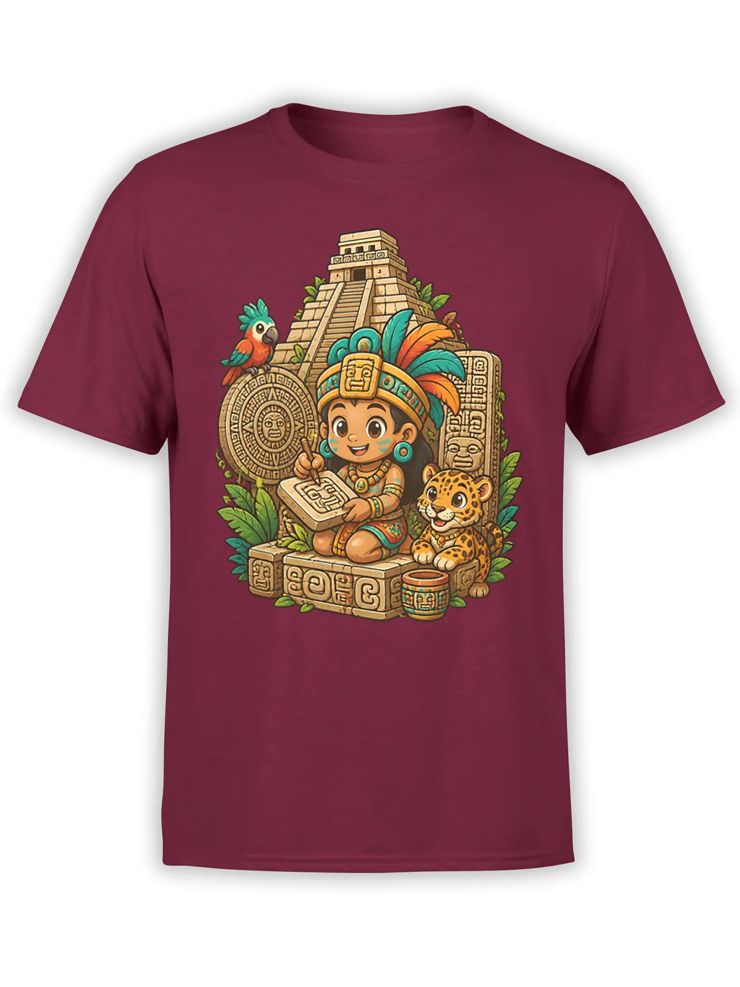 Jungle temple fantasy design with a young scribe, jaguar, parrot, and carved glyphs on a burgundy T-shirt