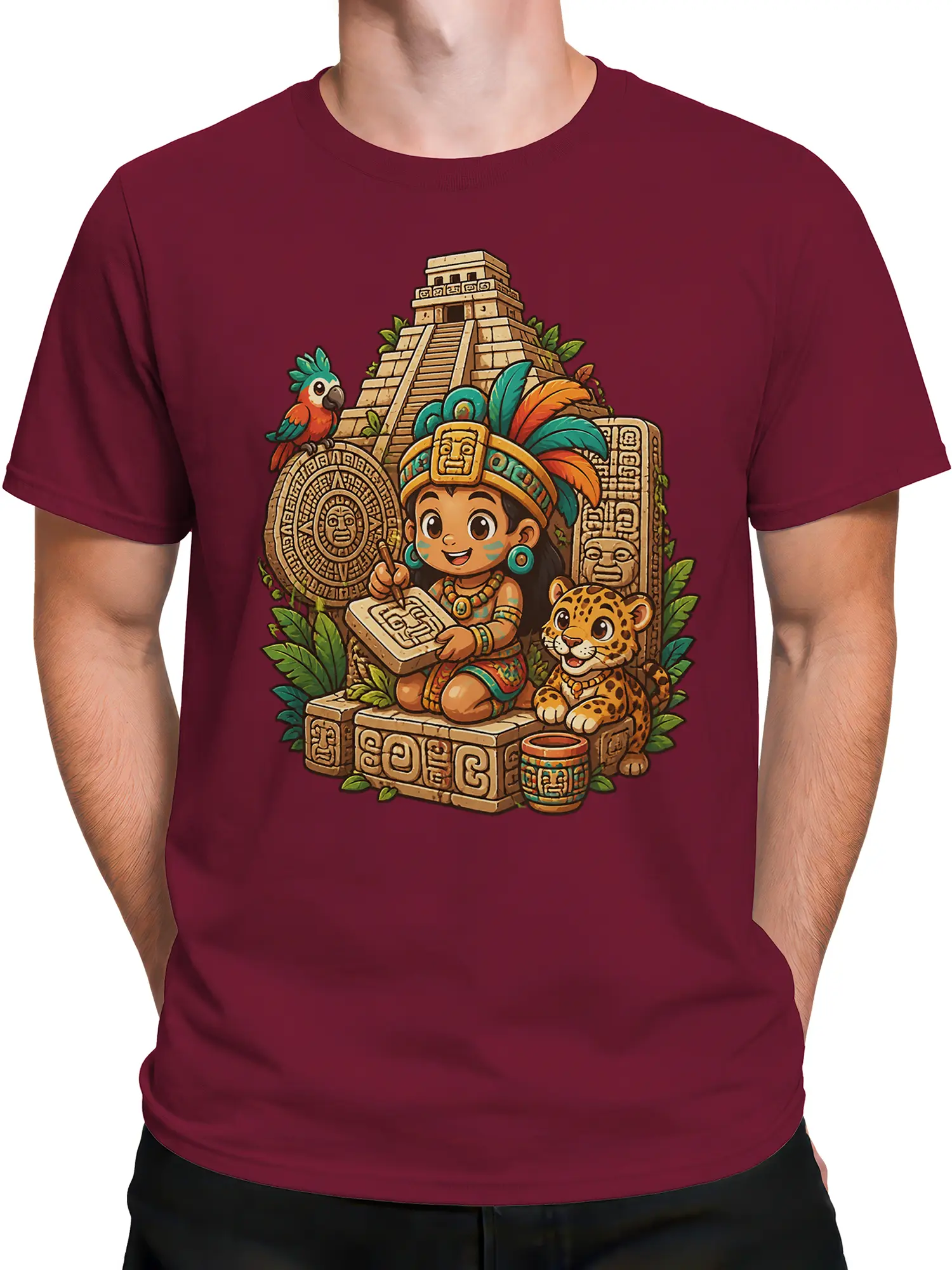 Male torso wearing a burgundy fantasy T-shirt with a jungle temple, scribe, jaguar, and parrot