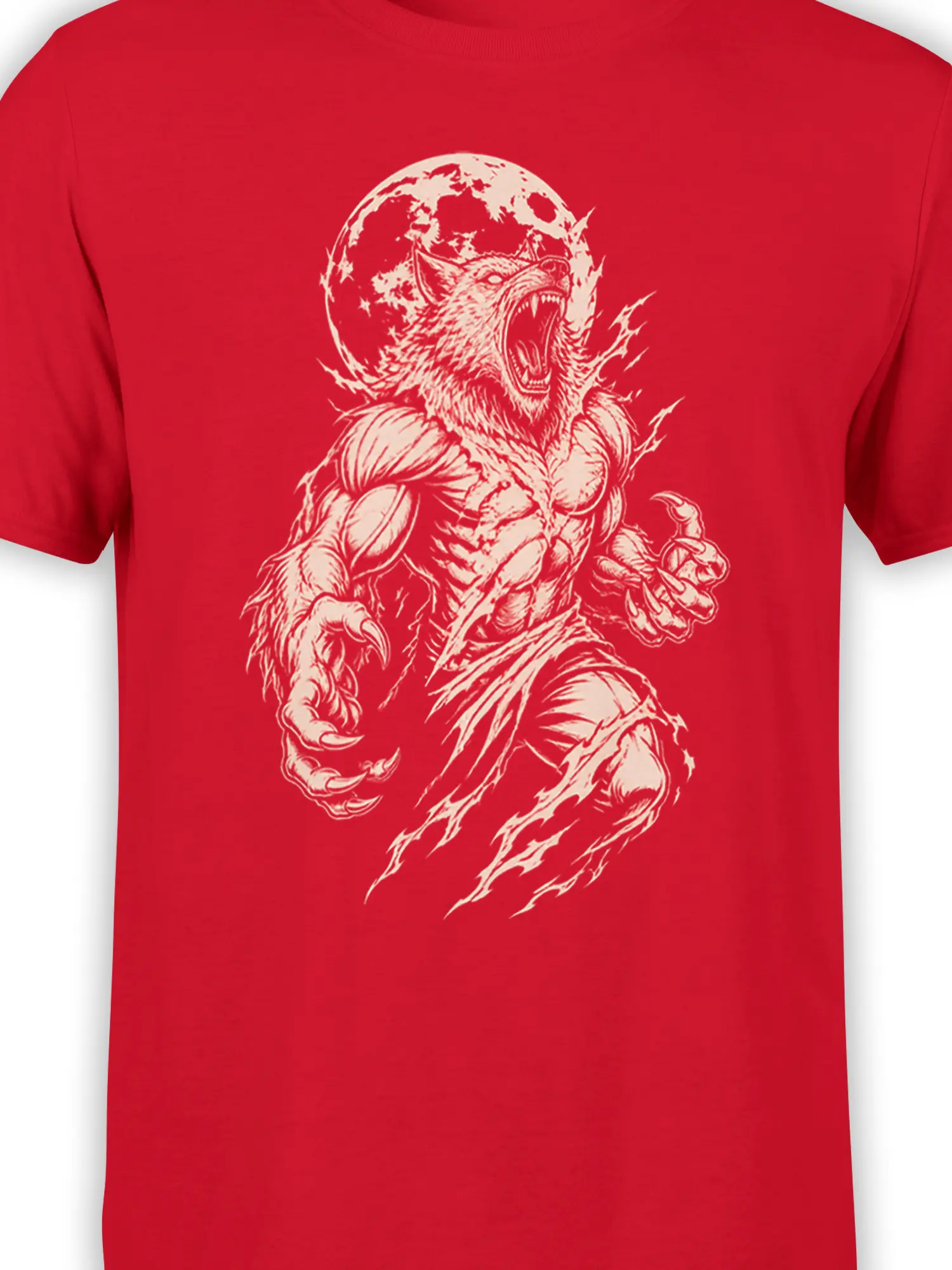 Close-up of roaring wolf and full moon graphic on a red wolf T-shirt