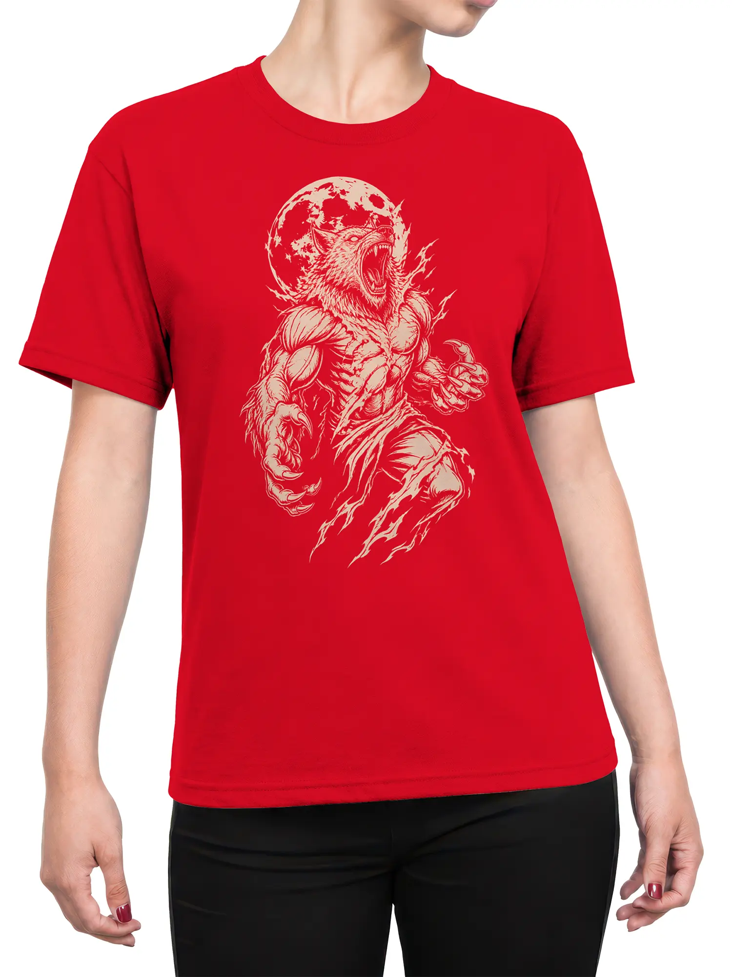Female torso wearing a red T-shirt with a roaring wolf and full moon graphic