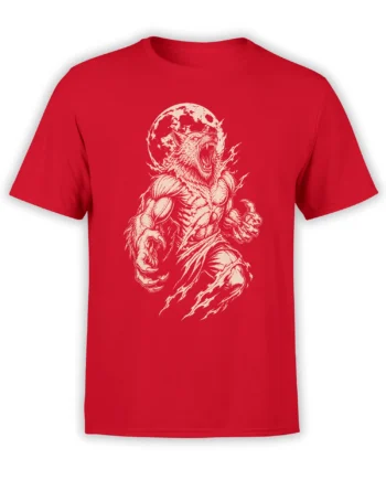 Red T-shirt with a roaring muscular wolf, sharp claws, and full moon graphic in cream ink