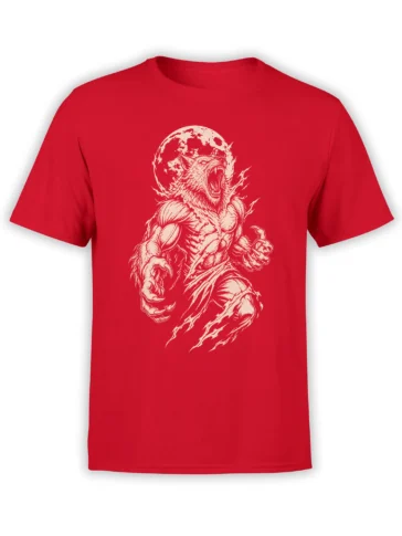 Red T-shirt with a roaring muscular wolf, sharp claws, and full moon graphic in cream ink