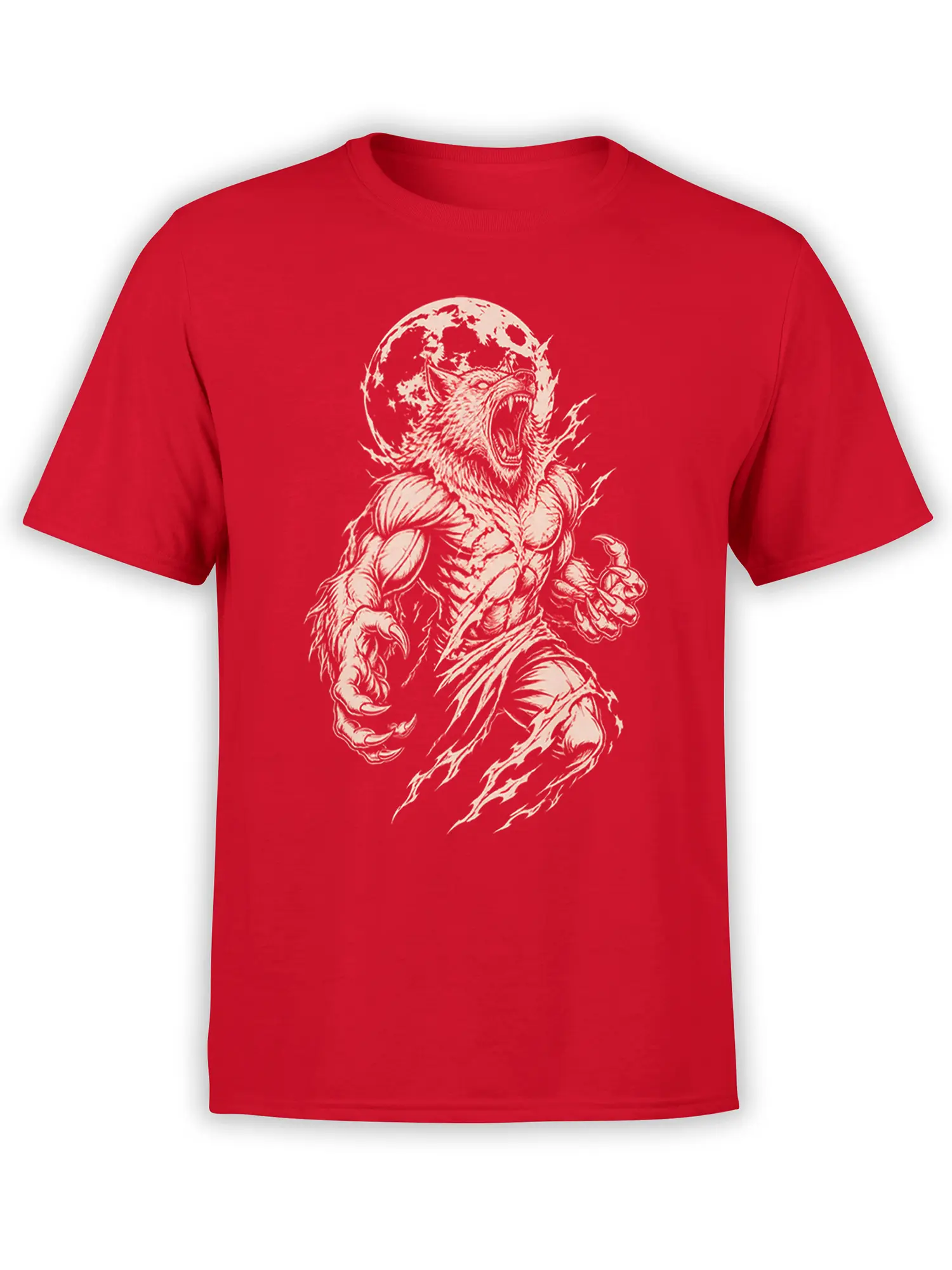 Red T-shirt with a roaring muscular wolf, sharp claws, and full moon graphic in cream ink