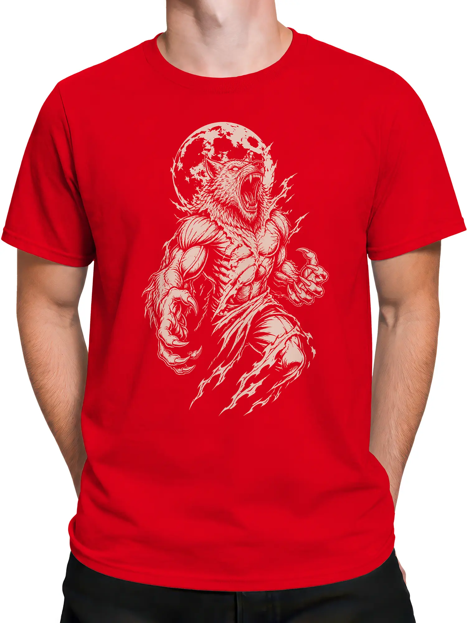 Male torso wearing a red T-shirt with a fierce roaring wolf graphic