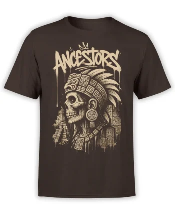 Crowned ancestral skull graphic with ceremonial symbols and bold ANCESTORS lettering on a brown T-shirt