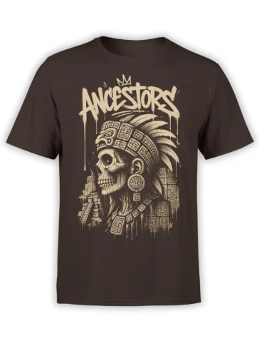 Crowned ancestral skull graphic with ceremonial symbols and bold ANCESTORS lettering on a brown T-shirt