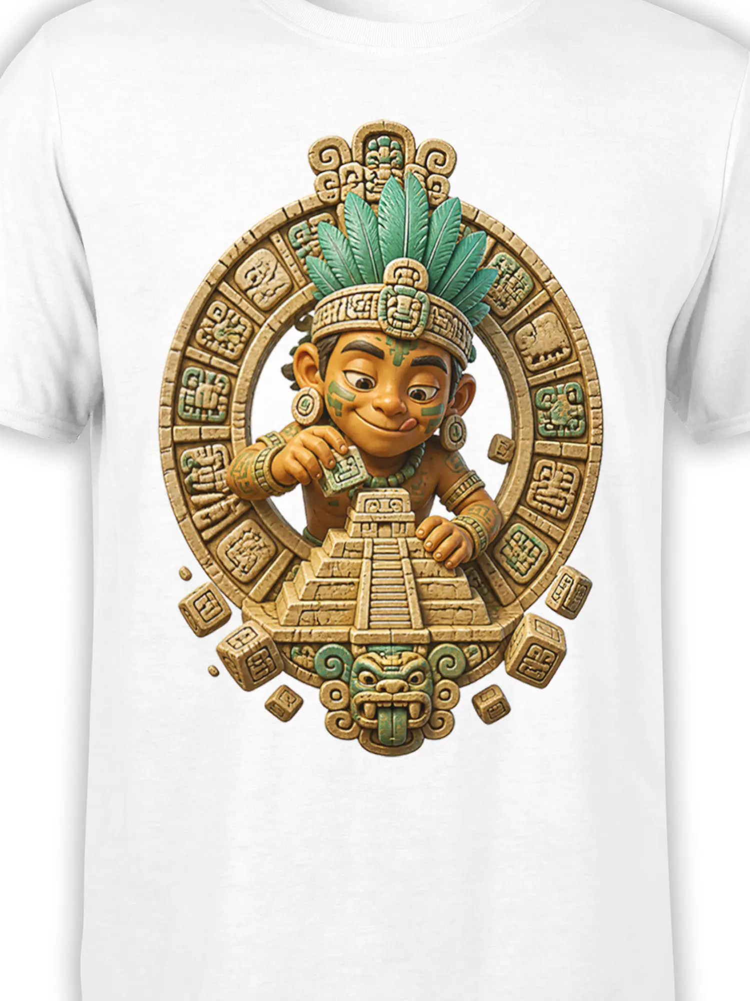 Close-up of white shirt artwork showing the feathered figure, carved symbols, temple structure, and green serpent mask
