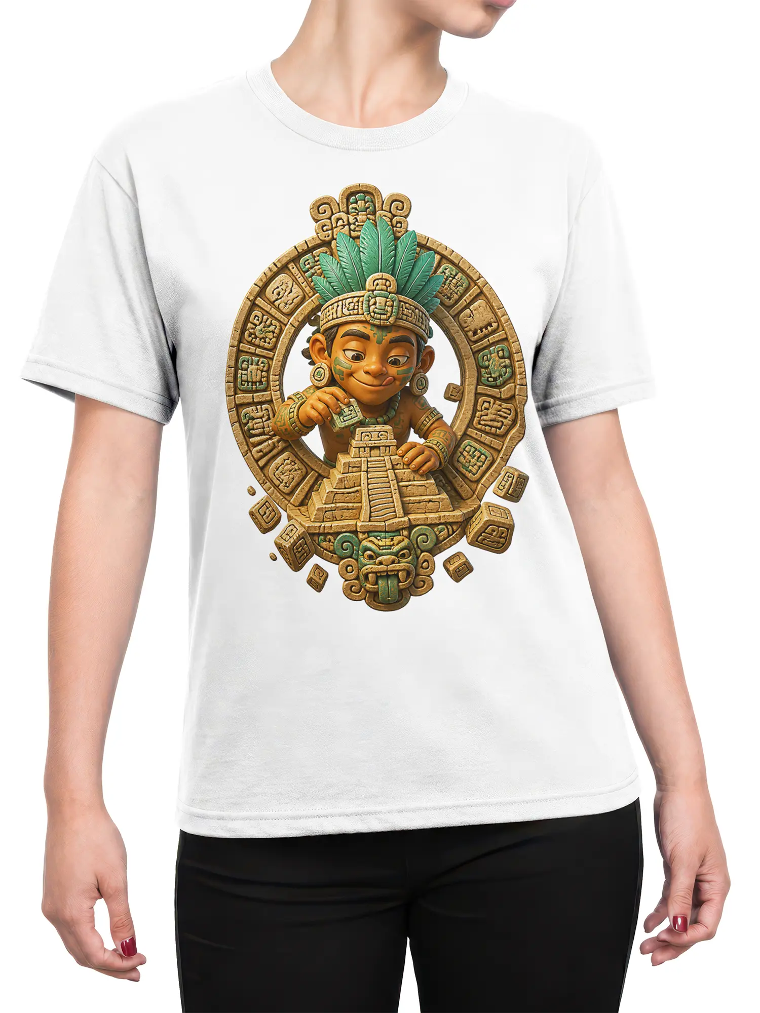 Female torso wearing a white fantasy T-shirt with a ceremonial figure, glyphs, temple steps, and serpent artwork