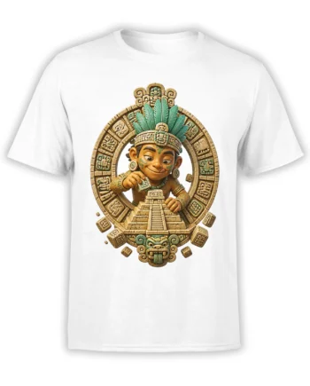 White fantasy T-shirt with a feathered ceremonial figure, carved glyphs, temple steps, and serpent mask artwork