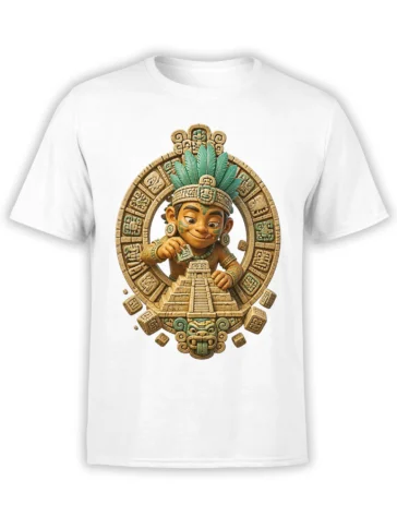 White fantasy T-shirt with a feathered ceremonial figure, carved glyphs, temple steps, and serpent mask artwork