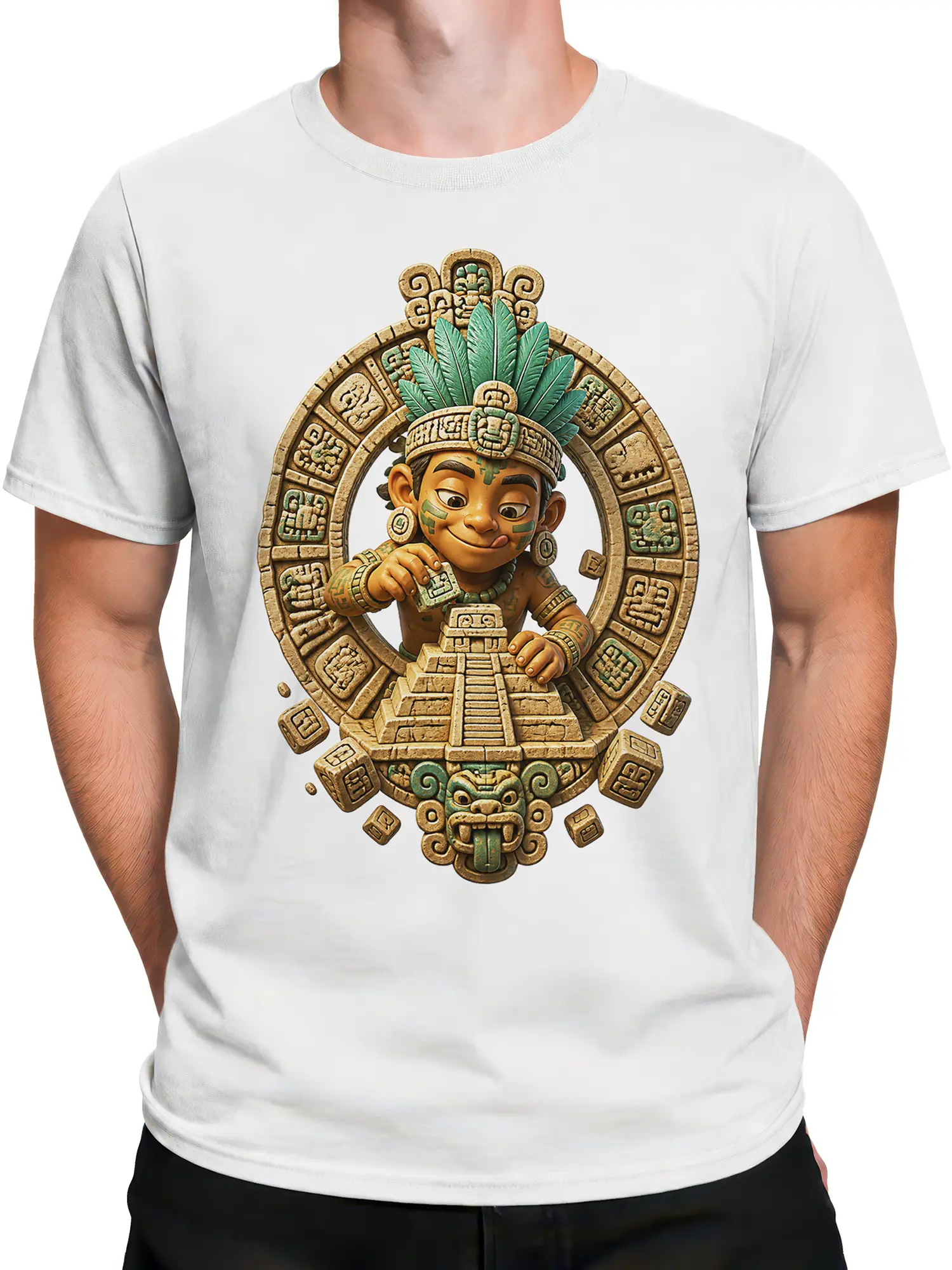 Male torso wearing a white fantasy T-shirt with carved glyphs, temple steps, feathered figure, and serpent mask