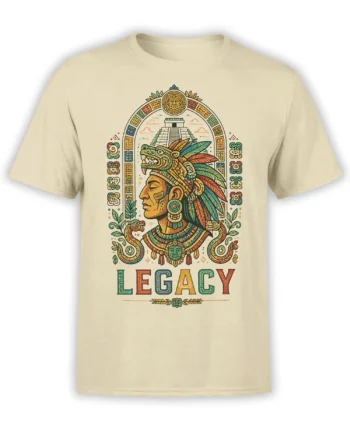 Beige T-shirt with a Mesoamerican-inspired warrior portrait, feathered serpent, pyramid, glyphs, and LEGACY text