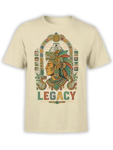 Beige T-shirt with a Mesoamerican-inspired warrior portrait, feathered serpent, pyramid, glyphs, and LEGACY text