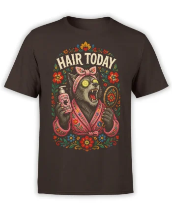 Brown cat t-shirt with fierce floral gray cat, cucumber eyes, pink robe, mirror, and “Hair Today” lettering