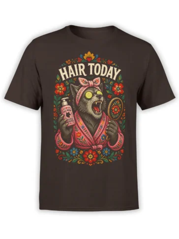 Brown cat t-shirt with fierce floral gray cat, cucumber eyes, pink robe, mirror, and “Hair Today” lettering