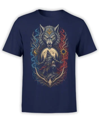 Detailed wolf warrior design with moon, antlers, red and blue flames on a navy T-shirt
