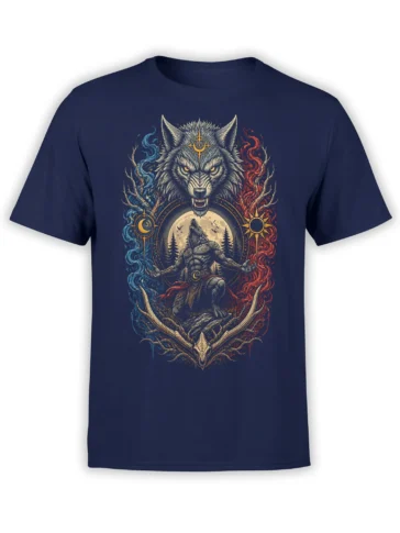 Detailed wolf warrior design with moon, antlers, red and blue flames on a navy T-shirt