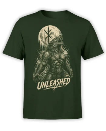 Armored roaring wolf warrior with moon rune and UNLEASHED lettering on a dark green T-shirt
