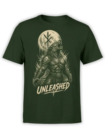 Armored roaring wolf warrior with moon rune and UNLEASHED lettering on a dark green T-shirt