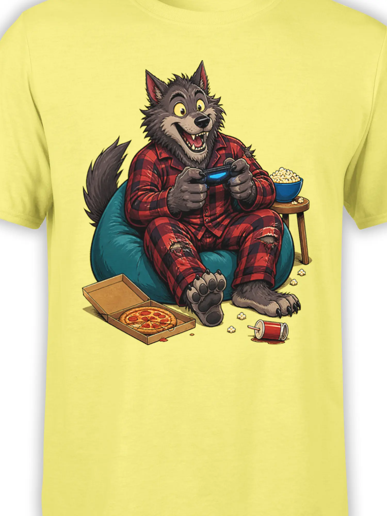 Close-up of gray wolf gamer artwork with controller, popcorn, pizza, and soda on a yellow T-shirt