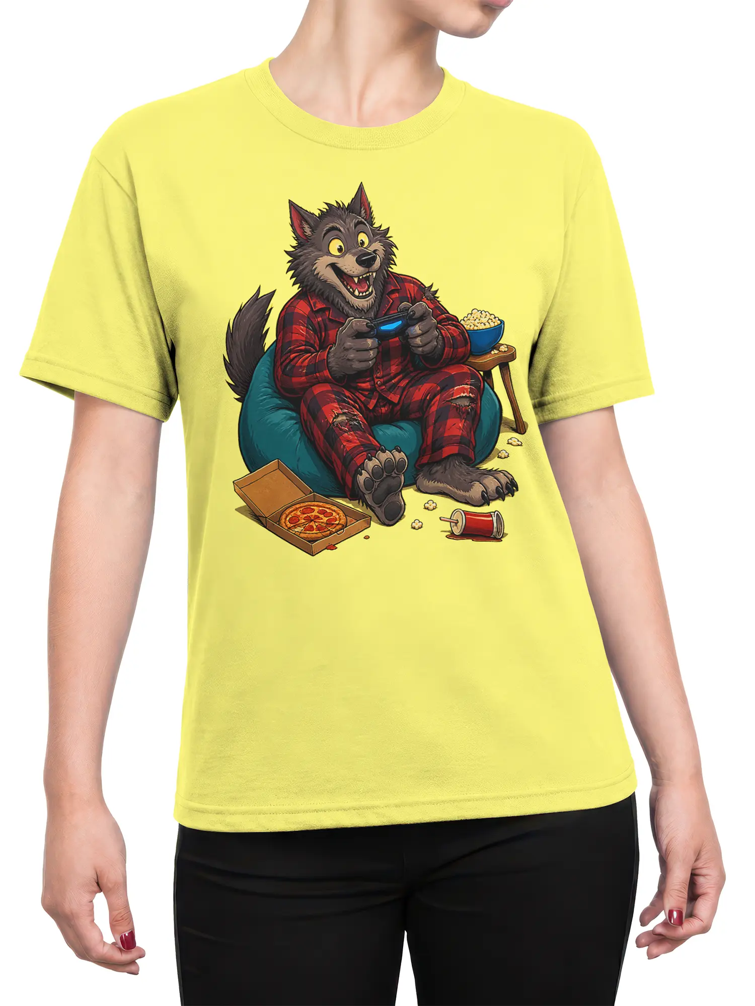 Female torso wearing a yellow wolf gamer T-shirt with a controller, popcorn, pizza, and soda artwork