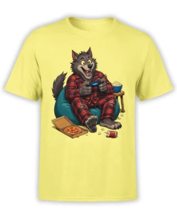 Yellow T-shirt with a cartoon gray wolf gaming in red plaid pajamas beside popcorn, pizza, and soda