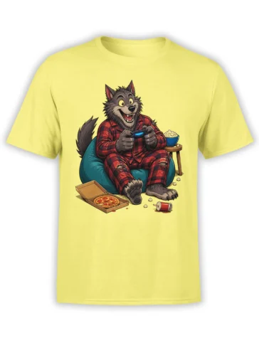 Yellow T-shirt with a cartoon gray wolf gaming in red plaid pajamas beside popcorn, pizza, and soda
