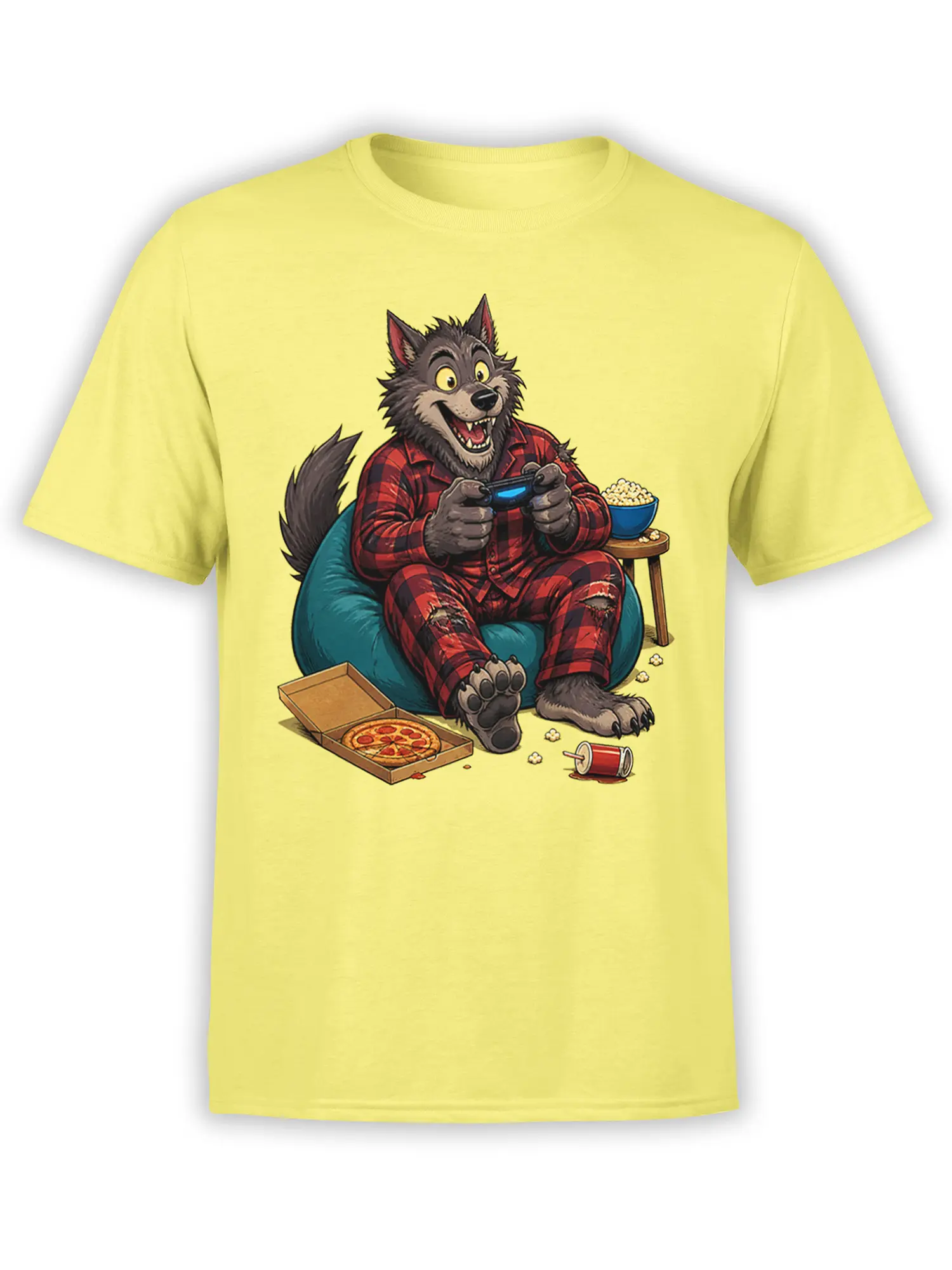Yellow T-shirt with a cartoon gray wolf gaming in red plaid pajamas beside popcorn, pizza, and soda
