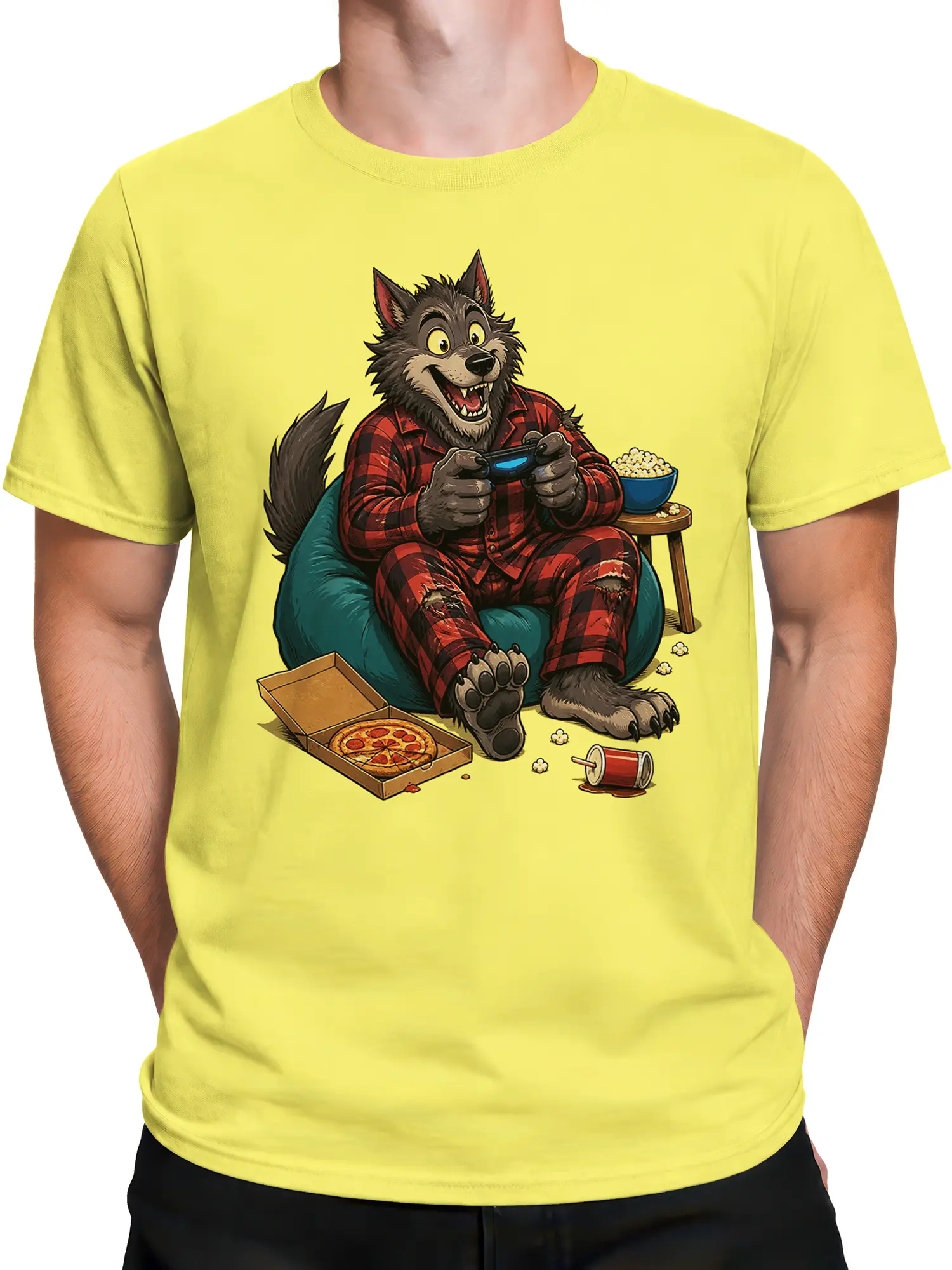 Male torso wearing a yellow T-shirt with a cartoon wolf gamer and colorful game night snack artwork