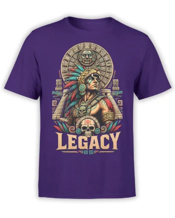 Purple T-shirt with ancient warrior portrait, feathered headdress, skulls, symbols, and bold LEGACY lettering