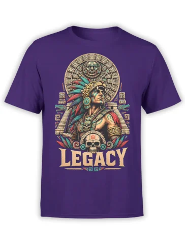 Purple T-shirt with ancient warrior portrait, feathered headdress, skulls, symbols, and bold LEGACY lettering