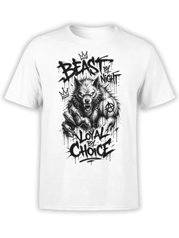 White wolf t-shirt with a crowned snarling beast and gothic “Beast by Night” lettering